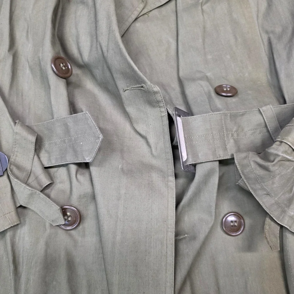 Vintage Military Trench Coat Mens Large Olive Green Good Double Breasted Belted